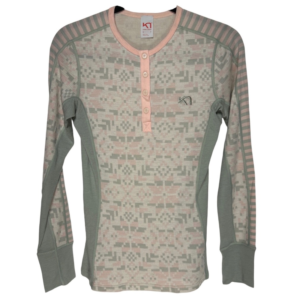 Kari‎ Traa Henley 100% Merino Wool Base Layer Athletic Top Green Pink Size Small